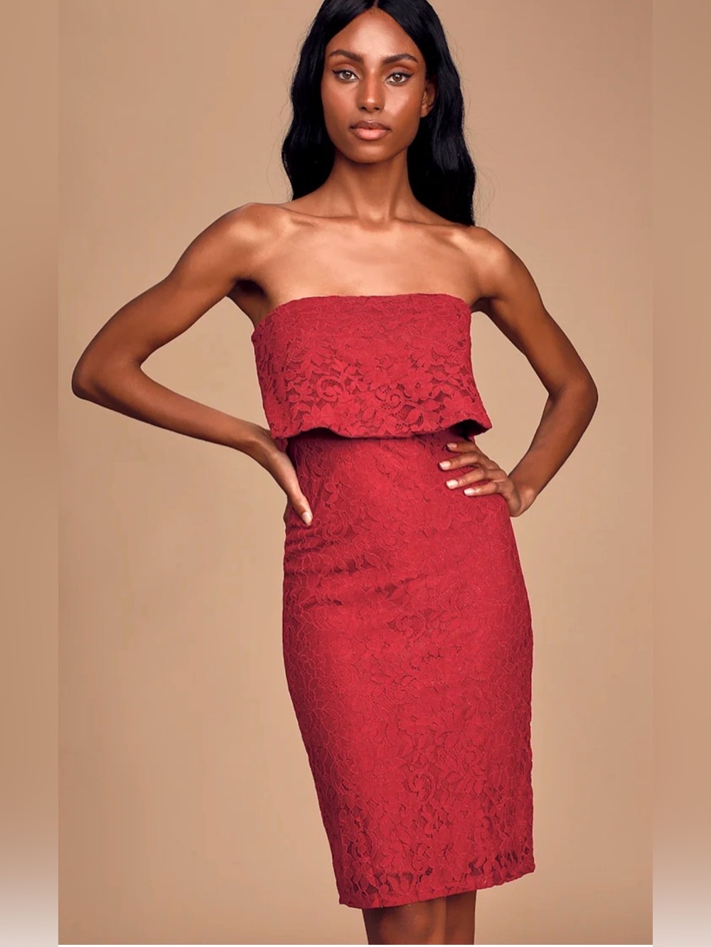 Let's Go Out Tonight Wine Red Lace Strapless Bodycon Midi Dress